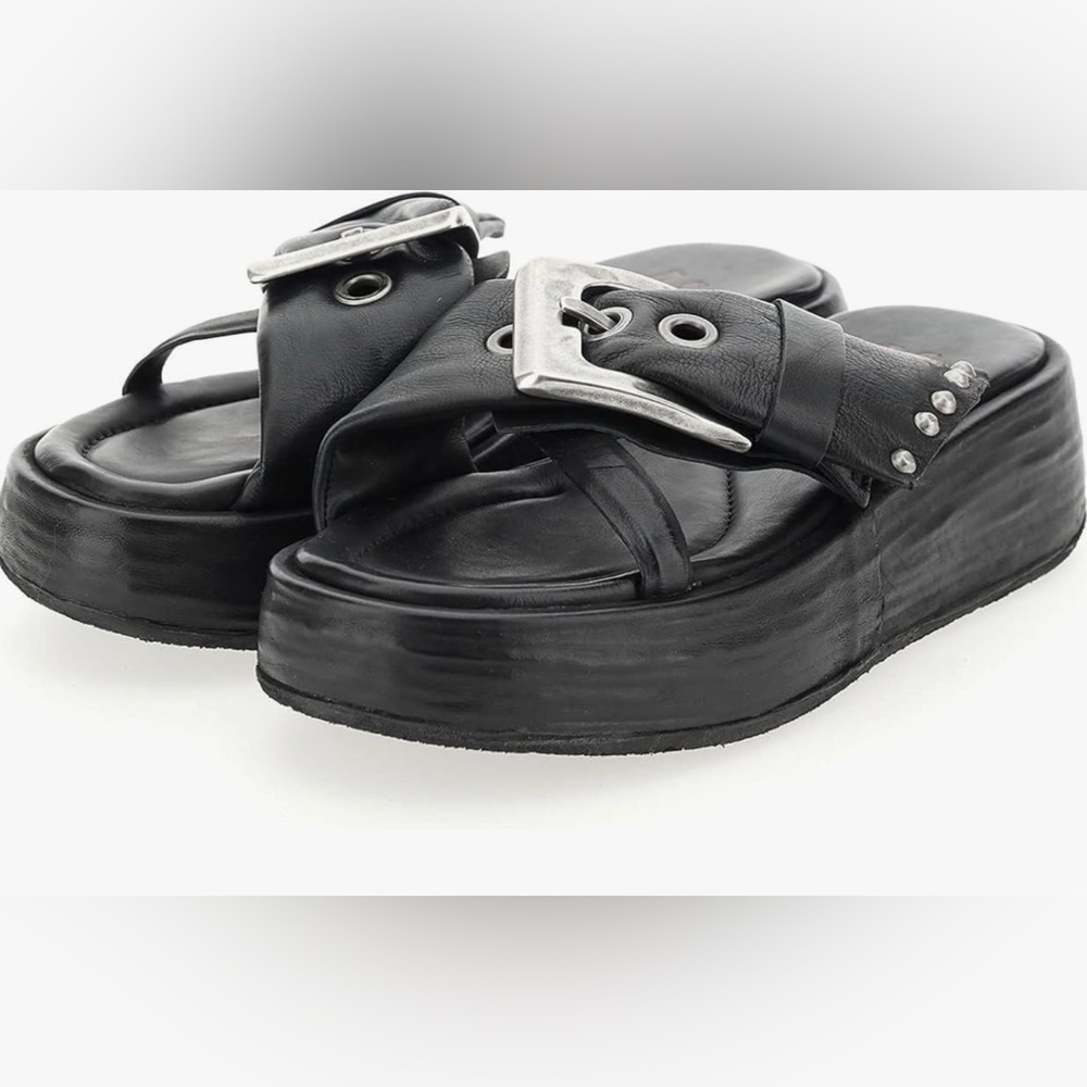 A.S.98 Black Leather Platform Buckle Sandals